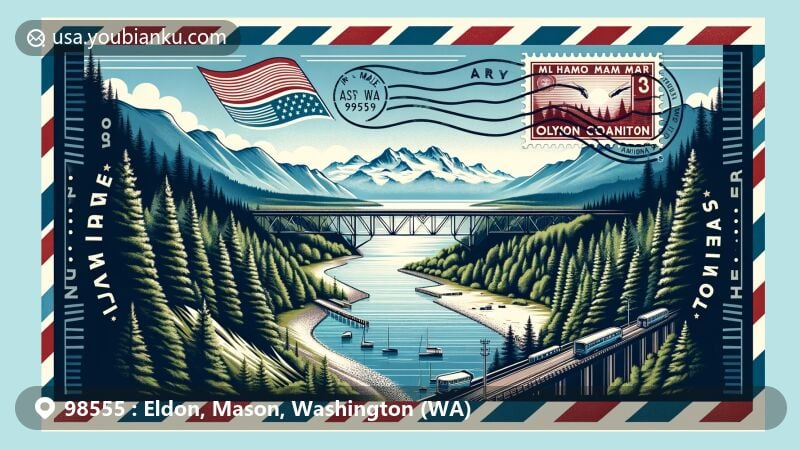 Modern illustration of Eldon, Mason, Washington (WA), showcasing a wide-format design with a vintage air mail envelope merging scenic views of the Olympic Peninsula and Olympic Mountains, Hood Canal, and the Hamma Hamma River Bridge. The envelope includes a postal stamp of Mount Ellinor and a postmark with 'Eldon, WA 98555,' creating a blend of natural beauty and postal elements.