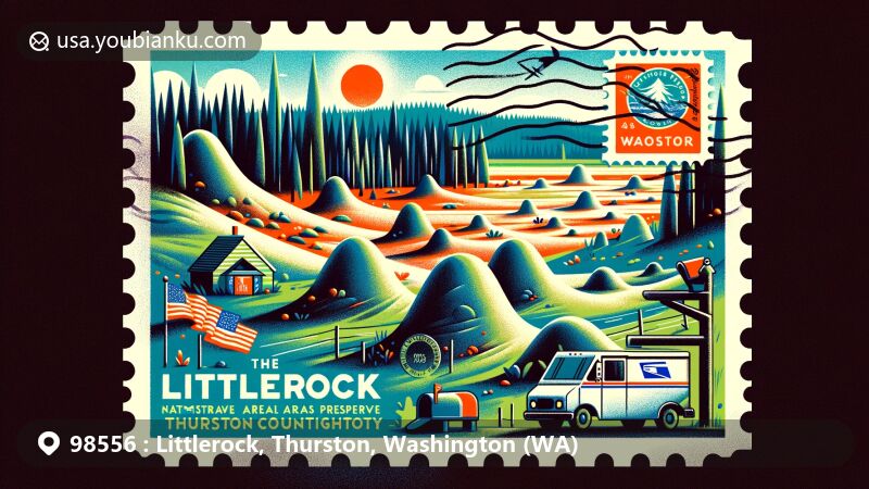 Modern illustration of Littlerock, Thurston County, Washington, showcasing postal theme with ZIP code 98556, featuring Mima Mounds Natural Area Preserve and Capitol State Forest.