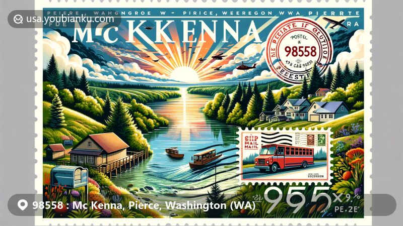 Illustration of Mc Kenna, Pierce, Washington, with Nisqually River and lush greenery, evoking its timber history, featuring vintage postcard theme with ZIP code 98558, postal stamp, postmark, mailbox, and postal delivery van.