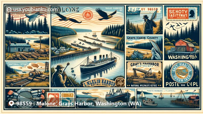 Modern illustration of Malone, Grays Harbor County, Washington, seamlessly merging postal theme with natural beauty of Grays Harbor estuary, Chehalis River, logging history, local wildlife, and cultural symbols like Lady Washington ship.