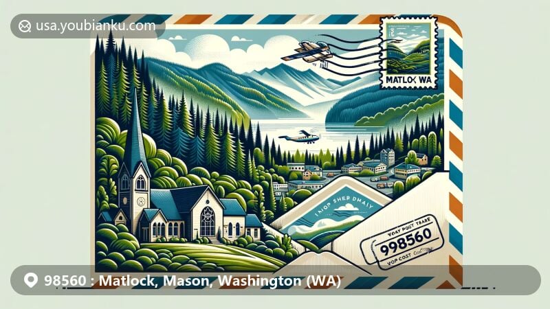 Modern illustration of Matlock, Washington, featuring lush forests, scenic mountain views, church, school, airmail envelope with postcard showing 'Matlock, WA 98560', postal symbols like stamps, postmark, mailbox, postal van.