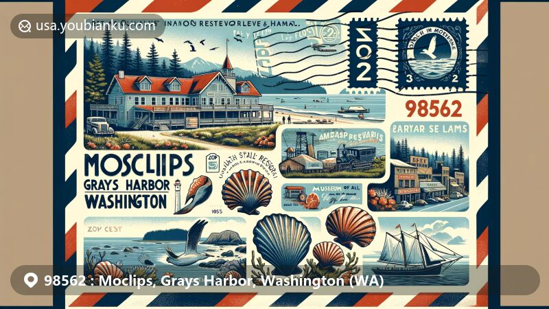Modern illustration of Moclips, Grays Harbor County, Washington, inspired by ZIP code 98562, featuring Quinault Indian Reservation, Pacific Ocean, and early American history.