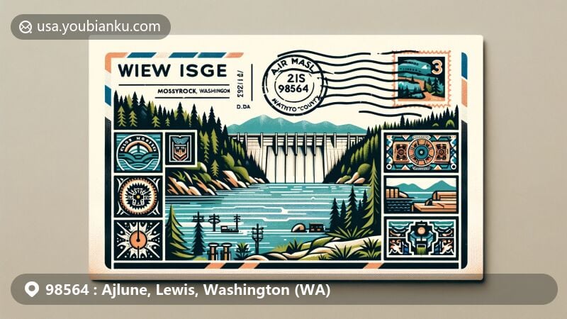 Modern illustration of Ajlune, Washington, 98564, highlighting Mossyrock Dam and the region's natural beauty, incorporating Native American heritage elements and postal theme.