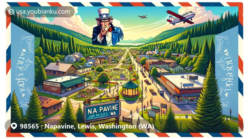 Modern illustration of Napavine, Washington, Lewis County, featuring a postcard-like scene capturing the town's community spirit and rural beauty, with iconic Uncle Sam billboard and key attractions like Napavine Community Park and Funtime Festival.