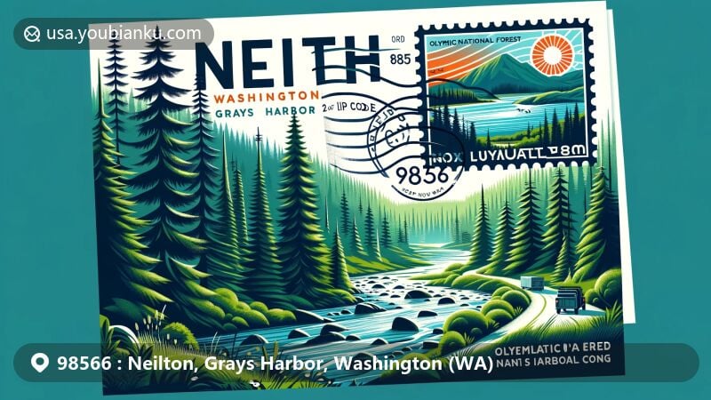 Modern illustration of Neilton, Grays Harbor County, Washington, postal theme with ZIP code 98566, featuring Olympic National Forest and Quinault Ridge.