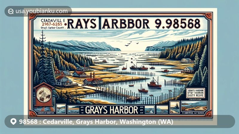 Modern illustration of Cedarville, Grays Harbor County, Washington, showcasing unique estuary formation of Grays Harbor bay merging into Pacific Ocean, highlighting logging history, Grays Harbor National Wildlife Refuge, and local festivals.
