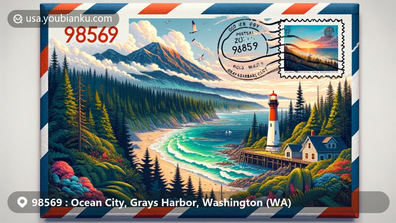 Modern illustration of Ocean City, Grays Harbor County, Washington, designed as an air mail envelope, featuring beach, forests, Grays Harbor Lighthouse, and Quinault Rain Forest.