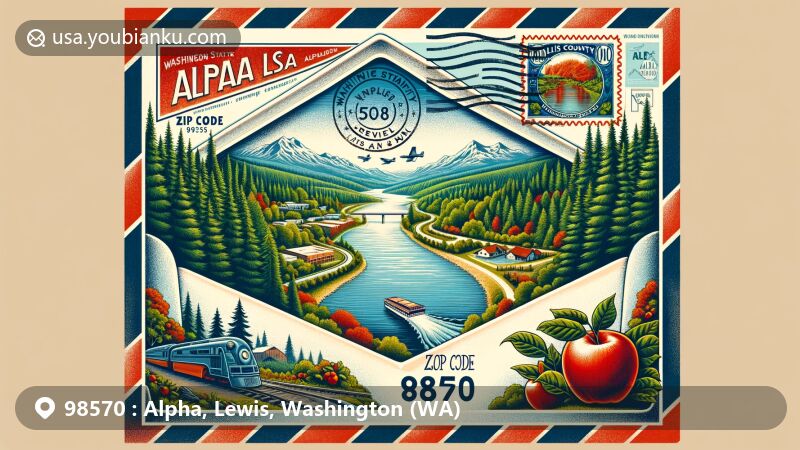 Modern illustration of Alpha and Onalaska, Lewis County, Washington, featuring a vintage airmail envelope with local cultural symbols, including Washington State Route 508, Newaukum River, Onalaska Apple Harvest Festival, lush greenery, and Washington state flag.