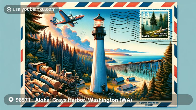 Modern illustration of Aloha area, Grays Harbor County, Washington, representing ZIP code 98571, featuring Grays Harbor Lighthouse and maritime heritage, with nods to logging history and scenic landscapes.