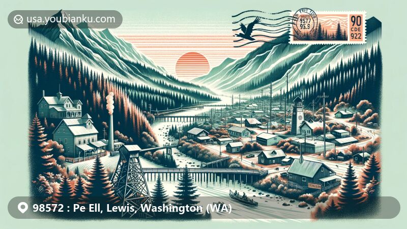 Modern illustration of Pe Ell, Lewis County, Washington, displaying natural beauty, historical timber industry, Willapa Hills Trail, postal identity with ZIP code 98572, and homage to early settlers.