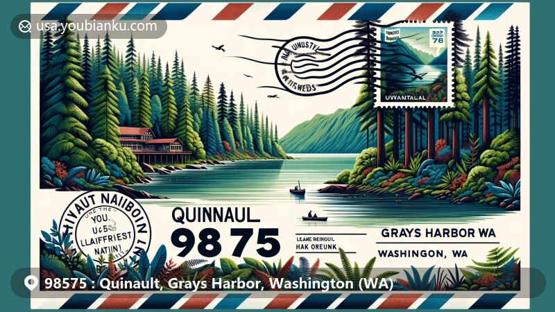 Modern illustration of Quinault area in Grays Harbor, Washington, showcasing postal theme with ZIP code 98575, featuring Lake Quinault, temperate rainforest, and Quinault Indian Nation symbol.