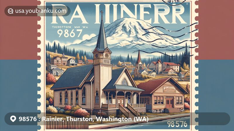 Modern illustration of Rainier, Thurston, Washington, capturing historical charm with Mount Rainier in the background, featuring iconic church and schoolhouse from early American and German architectural styles, framed by vintage postal theme.