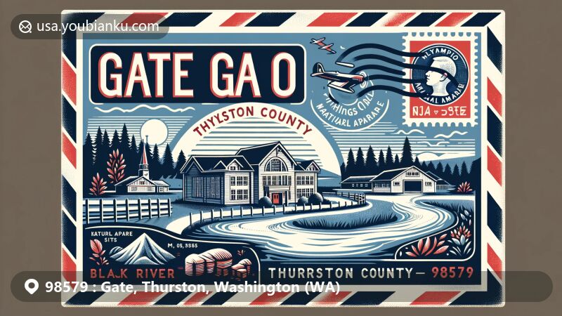 Vintage illustration of Gate community, Thurston County, Washington, featuring ZIP code 98579 and landmarks like Gate School, Black River, and Mima Mounds Natural Area Preserve.