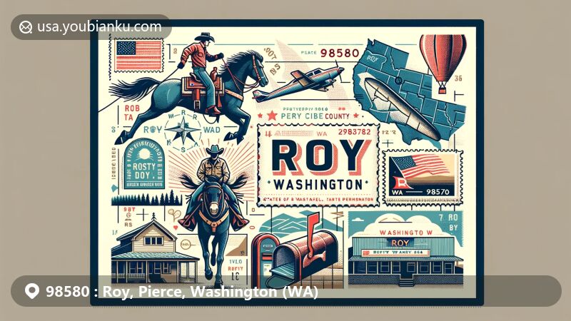 Modern illustration of Roy, Washington, showcasing the unique culture and geographical features, highlighting the Roy Pioneer Rodeo, postal elements like airmail envelope, rodeo postage stamp, postmark 'Roy, WA 98580', and an American mailbox.