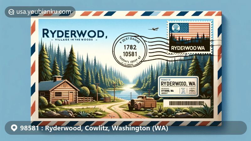 Modern illustration of Ryderwood, Washington, featuring airmail envelope with lush forest scene and historical logging camp, highlighting 'Village in the Woods' nickname and world's largest logging town history.
