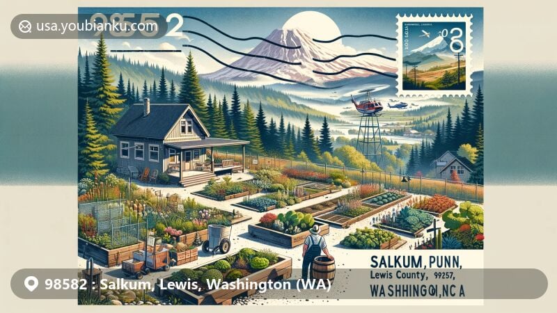 Modern illustration of Salkum, Lewis County, Washington, highlighting postal theme with ZIP code 98582, featuring Salkum's natural beauty, Salkum Timberland Library, and demonstration garden with sustainable gardening elements.