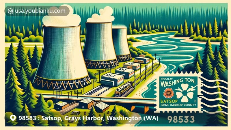 Modern illustration of Satsop, Grays Harbor County, Washington, with ZIP code 98583, showcasing Satsop Nuclear Power Plant cooling towers and Schafer State Park elements