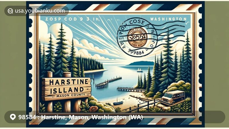 Modern illustration of Harstine, Mason, Washington, showcasing natural beauty and historical significance, featuring lush old growth forest, Lt. Henry J. Hartstene's name engraved on a wooden sign, vintage airmail envelope with stamp, postal cancellation mark with ZIP code 98584, and subtle mail truck in the background.