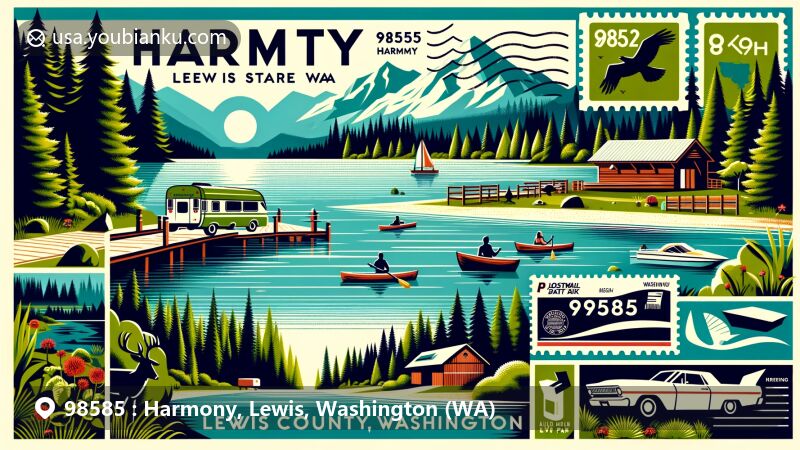 Modern illustration of Harmony, Lewis County, Washington, with ZIP code 98585, featuring elements from Ike Kinswa State Park and Harmony Lakeside RV Park.