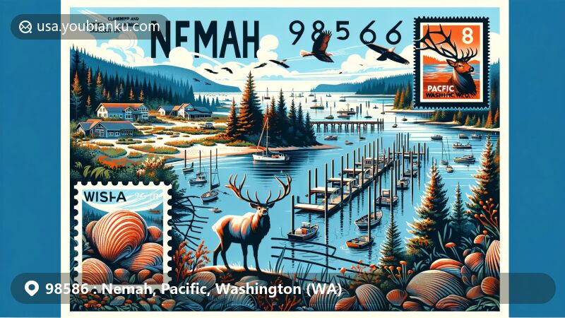 Modern illustration of Nemah, Pacific County, Washington, featuring Willapa Bay, known for oyster, clam, and mussel harvesting, and wild elk in popular hunting grounds, merging marine life and hunting scenes with postal elements like a postage stamp and ZIP code 98586.