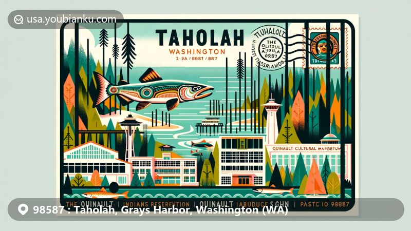 Modern illustration of Taholah, Grays Harbor County, Washington, showcasing postal theme with ZIP code 98587, featuring Quinault Indian Reservation, Quinault River, Quinault Cultural Center and Museum, and symbolic salmon.