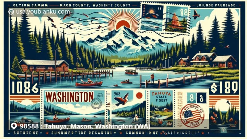 Modern illustration of Tahuya, Mason County, Washington, showcasing natural beauty with Hood Canal, lush forests, and Olympic Mountains, featuring vintage postcard layout highlighting '98588' ZIP code. Creative postage stamp design includes Washington state flag, Tahuya State Forest, fishing, and boating, depicting local lifestyle. Summertide Resort is depicted to honor local accommodation and tourism industry, showcasing community hospitality. Modern illustration style suitable for web use, with bright colors highlighting Tahuya's charm and outdoor appeal.