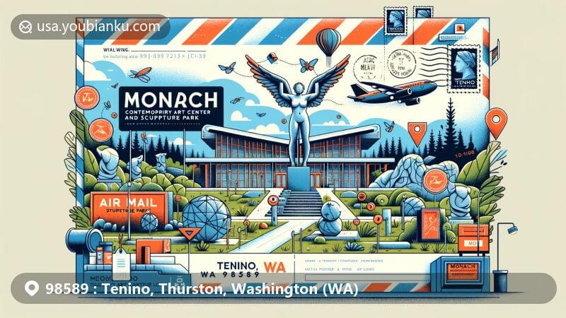 Modern illustration of Monarch Contemporary Art Center and Sculpture Park in Tenino, Washington, featuring postal elements like airmail envelope, stamps, postmarks, and text 'Tenino, WA 98589' and 'Monarch Contemporary Art Center and Sculpture Park'. The artwork captures the unique cultural essence of Tenino and the essence of postal communication.