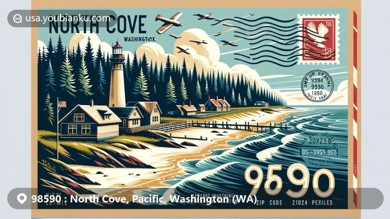 Modern illustration of North Cove, Pacific County, Washington, featuring sandy beaches, Sitka spruce trees, coastal erosion, Willapa Bay Lighthouse, and U.S. Coast Guard lifesaving station.