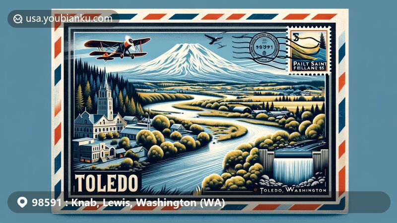 Modern illustration of Toledo, Washington, and its surrounding area, featuring Mount Saint Helens, Cowlitz River, and Palouse Falls. Includes postal theme with vintage stamps, postal airplane, and ZIP code 98591.