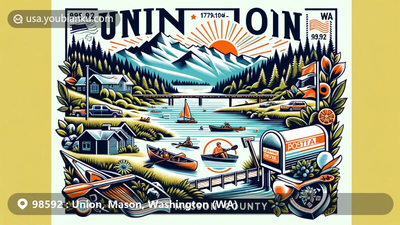 Modern illustration of Union, Mason County, Washington, showcasing postal theme with ZIP code 98592, featuring scenic view of Olympic Mountains, outdoor activities like hiking, kayaking, and skiing, vintage postal elements, and vibrant colors.