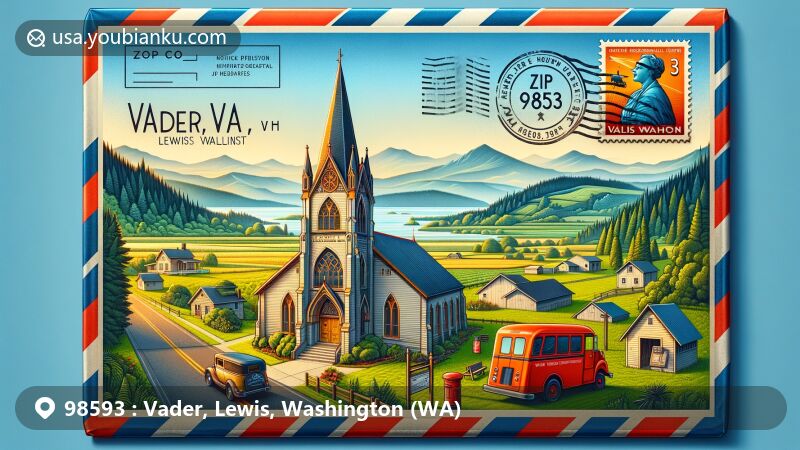 Modern illustration of Vader, Lewis County, Washington, featuring a vintage airmail envelope revealing a postcard of Grace Evangelical Church against lush Pacific Northwest landscape, with symbols of Vader's postal and community heritage and ZIP code 98593.