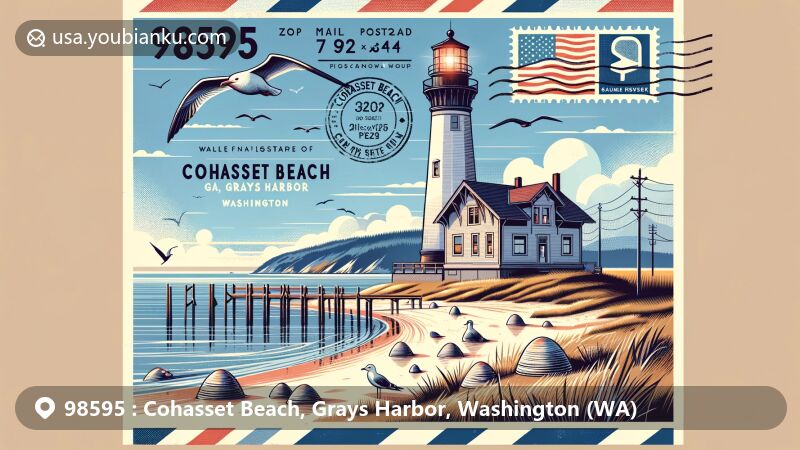 Modern illustration of Cohasset Beach, Grays Harbor, Washington, capturing sandy shores, the Pacific Ocean, Grays Harbor Lighthouse, seagulls, and razor clams in a postcard theme.