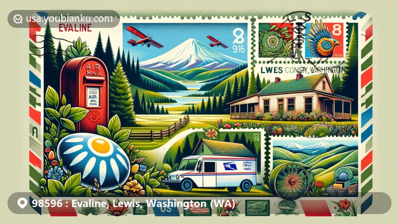现代插图，展示Evaline, Lewis, Washington (WA) 邮编98596地区的邮政主题与当地文化元素，背景描绘了华盛顿州独特的自然景观，包括Cascade山脉和茂密森林。前景呈现生动的邮政场景，中心是装饰有当地地标和文化符号的邮票的复古航空邮件信封，包括世界最大鸡蛋和Evaline小学。