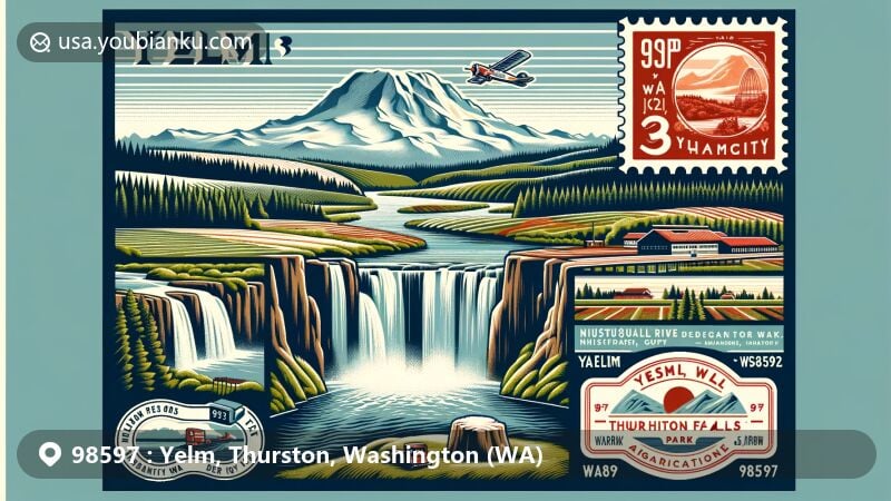 Modern illustration of Yelm, Thurston County, Washington, featuring iconic landscapes including Mount Rainier, Nisqually River, and Deschutes Falls Park, with postal elements like vintage stamp and Yelm Irrigation Company reference.