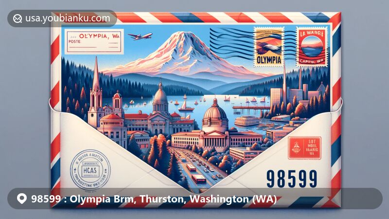 Modern illustration of Olympia, Washington, featuring iconic landmarks and postal elements, creatively showcasing the essence of the state capital with Washington State Capitol, Percival Landing Park, and Capitol Lake in a vintage airmail envelope.
