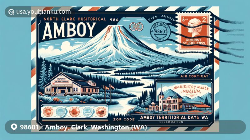 Creative postcard style illustration of ZIP code 98601, Amboy, Washington, featuring Mount St. Helens National Volcanic Monument, North Clark Historical Museum, and Amboy Territorial Park, highlighting natural beauty, history, and community spirit.