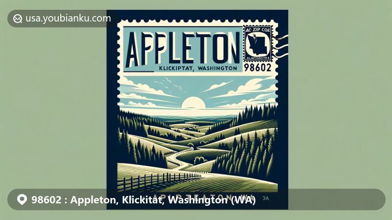 Modern illustration of Appleton, Klickitat, Washington, showcasing rural and serene features with forests, undulating landscape, and vintage postal stamp with ZIP code 98602.