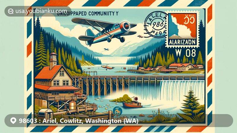 Modern illustration of Ariel, Washington, highlighting iconic landmarks like Merwin Dam and Cedar Creek Grist Mill, set in a vintage air mail envelope showcasing postal theme and nature's beauty.