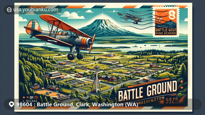 Modern illustration of Battle Ground, Washington, featuring Battle Ground High School and Cinema, with aviation-themed envelope design and vintage airplane, highlighting Mount St. Helens in a stamp, blending nostalgia and modernity.
