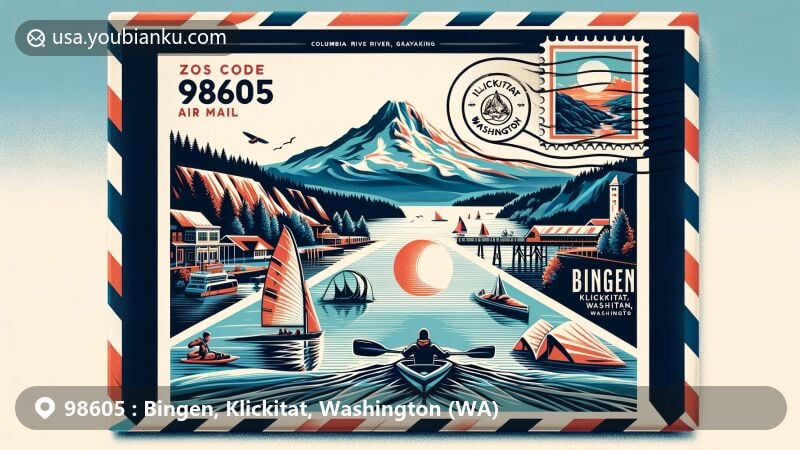 Modern illustration of Bingen, Klickitat County, Washington, showcasing airmail envelope with Columbia River Gorge and outdoor activities like windsurfing, skiing, and kayaking. Stylized postage stamp with Mount Hood in background, highlighting natural beauty.