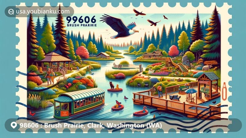 Modern illustration of Brush Prairie, Clark County, Washington, featuring Wildlife Botanical Gardens attracting birds and butterflies, Alderbrook Park with a private lake and diverse recreational amenities, and a creative postal theme with ZIP code 98606.