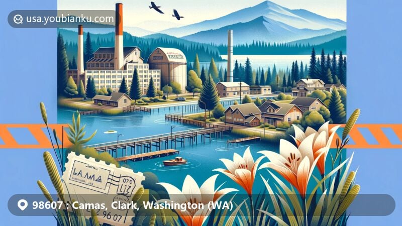 Modern illustration of Camas, Washington, showcasing postal theme with ZIP code 98607, featuring paper mill symbol, Lacamas Lake, Fallen Leaf Lake, Camas lilies, and cityscape landmarks.