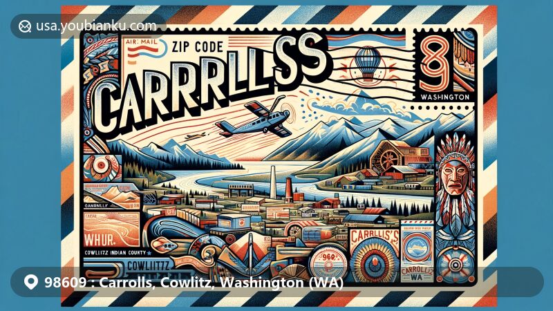Modern illustration of Carrolls, Cowlitz County, Washington, highlighting cultural heritage of the Cowlitz Indian Tribe and natural beauty of the county, set in a vintage-style air mail envelope.