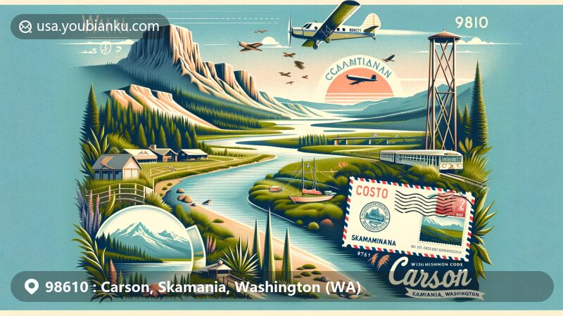 Modern illustration of Carson, Skamania County, Washington, with ZIP code 98610, featuring Columbia River Gorge National Scenic Area, postal elements like a stamp with the Columbia River, Wind Mountain, and the Wind River Arboretum.