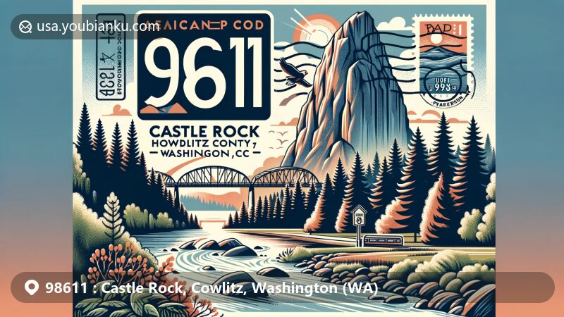 Modern illustration of Castle Rock, Cowlitz County, Washington, showcasing iconic volcanic rock, cedar trees, Mount St. Helens influence, Riverfront Trail along Cowlitz River, and postal theme with ZIP code 98611.