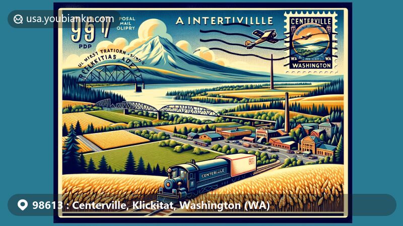 Vintage-style illustration of Centerville, Klickitat County, Washington State, featuring Mount Adams, wheat fields, the Columbia River, and postal elements, capturing the area's natural beauty and agricultural heritage.