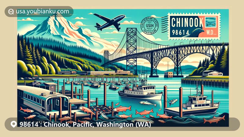 Modern illustration of Chinook, Pacific County, Washington, showcasing postal theme with ZIP code 98614, featuring Astoria-Megler Bridge, salmon fishery, and Fort Columbia State Park.