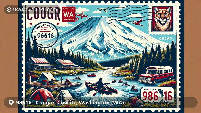 Modern illustration of Cougar, Cowlitz County, Washington, featuring ZIP code 98616, showcasing Mount St. Helens in the background and outdoor recreational activities like camping and hiking.