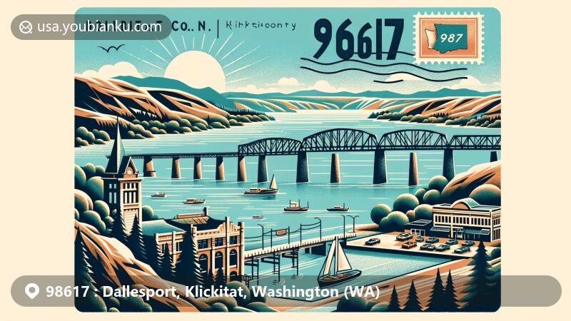 Modern illustration of Dallesport, Klickitat County, Washington, with ZIP code 98617, blending postal elements with local landmarks and the scenic Columbia River.
