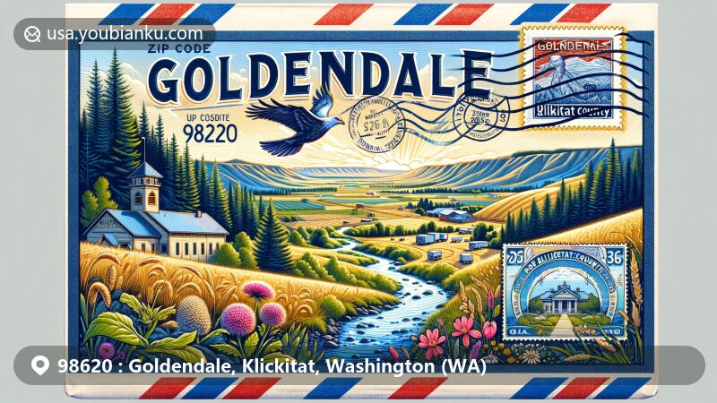 Modern illustration of Goldendale, Washington, showcasing postal theme with ZIP code 98620, featuring Little Klickitat River, Klickitat Trail, and Klickitat County Courthouse.